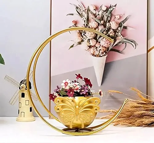 Galaxy Crafts Metal Geometric Design Vase with Gold Finish - Table Decorative Flower Pot (Size 24 x 24cm) (Moon Flower Vase)