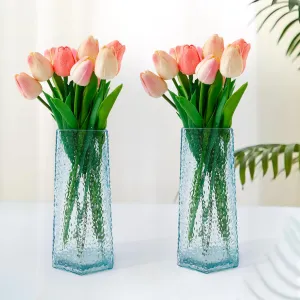 Gleevers Glass Vase for Home Decor (2Pcs- 22cm) |Center Table Decorative Items| Flower Vases for Home Decor| Dining Table Decorative Items| Transparent Flower Vase for Living Room, Office, Blue