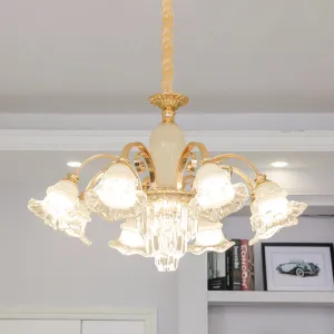 Gold 8-Light Clear & Frosted Glass Flower Chandelier, Modern Ceiling Pendant with Crystal Accent