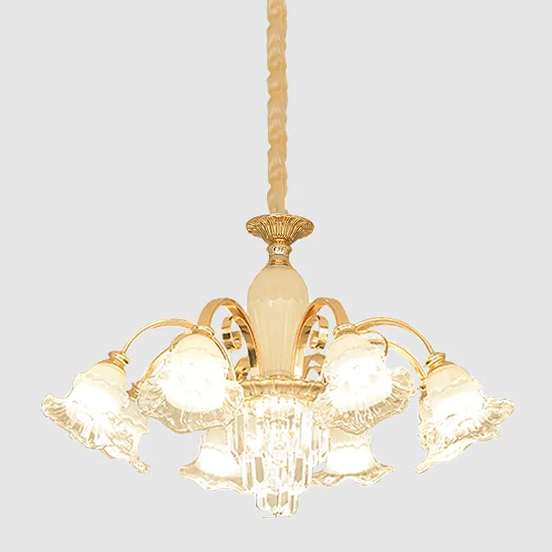 Gold 8-Light Clear & Frosted Glass Flower Chandelier, Modern Ceiling Pendant with Crystal Accent