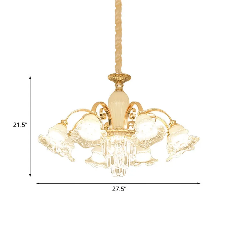 Gold 8-Light Clear & Frosted Glass Flower Chandelier, Modern Ceiling Pendant with Crystal Accent