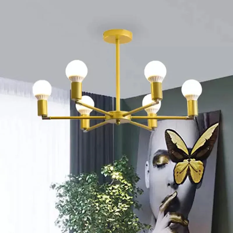 Gold Radial Chandelier with Bare Bulb - Modern 3/4/6 Ceiling Lights for Bedroom