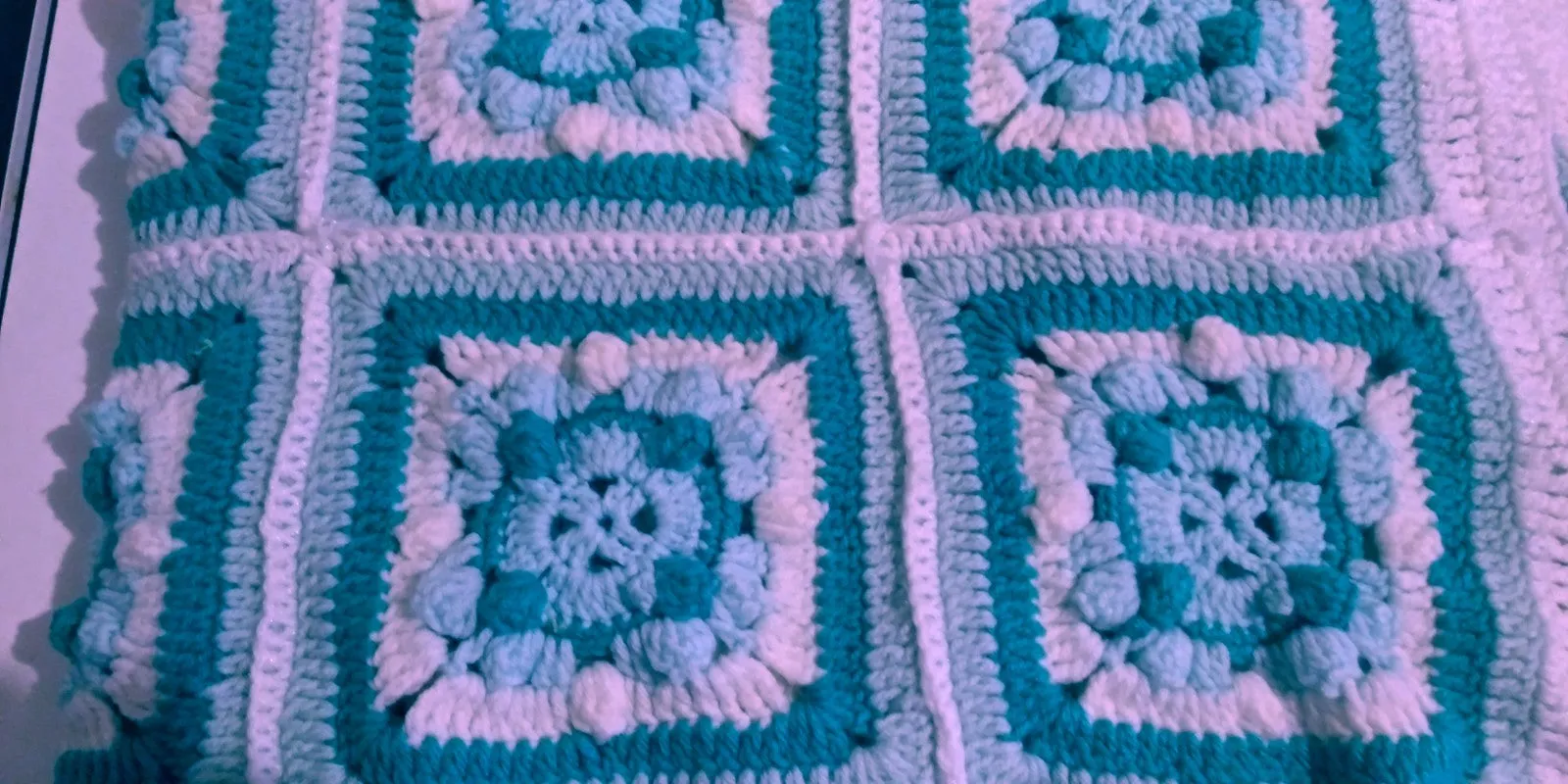 Handmade Granny Baby Blanket Square of Mix Greens with White Border, Shell Patchwork