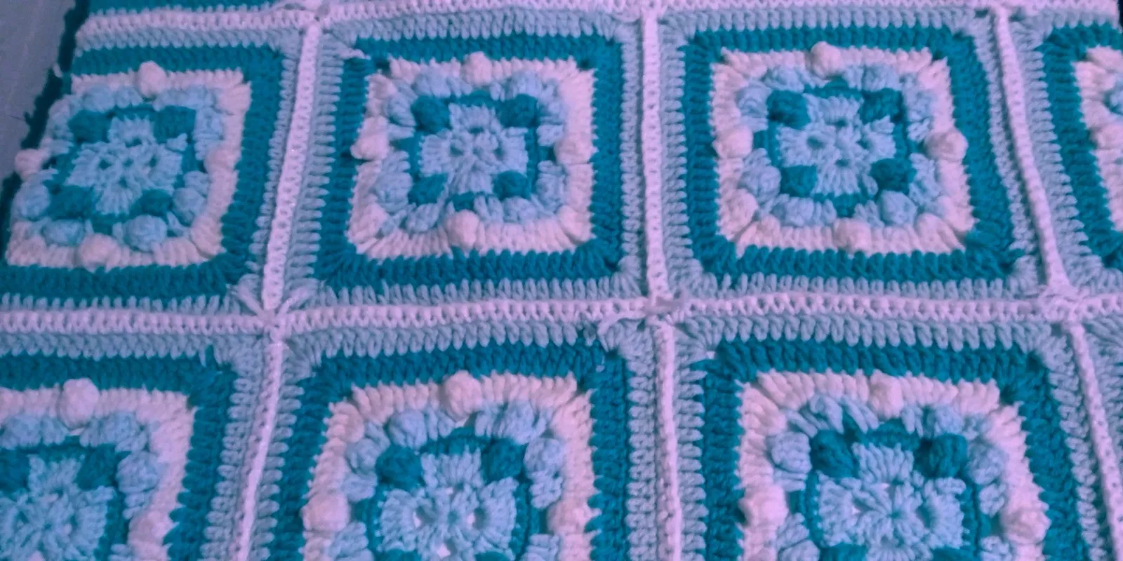 Handmade Granny Baby Blanket Square of Mix Greens with White Border, Shell Patchwork