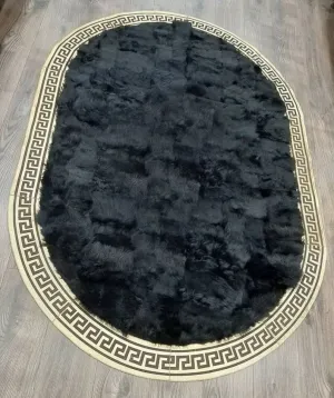 Handmade Soft Fluffy Black Organic Oval Sheepskin Bedroom Rug
