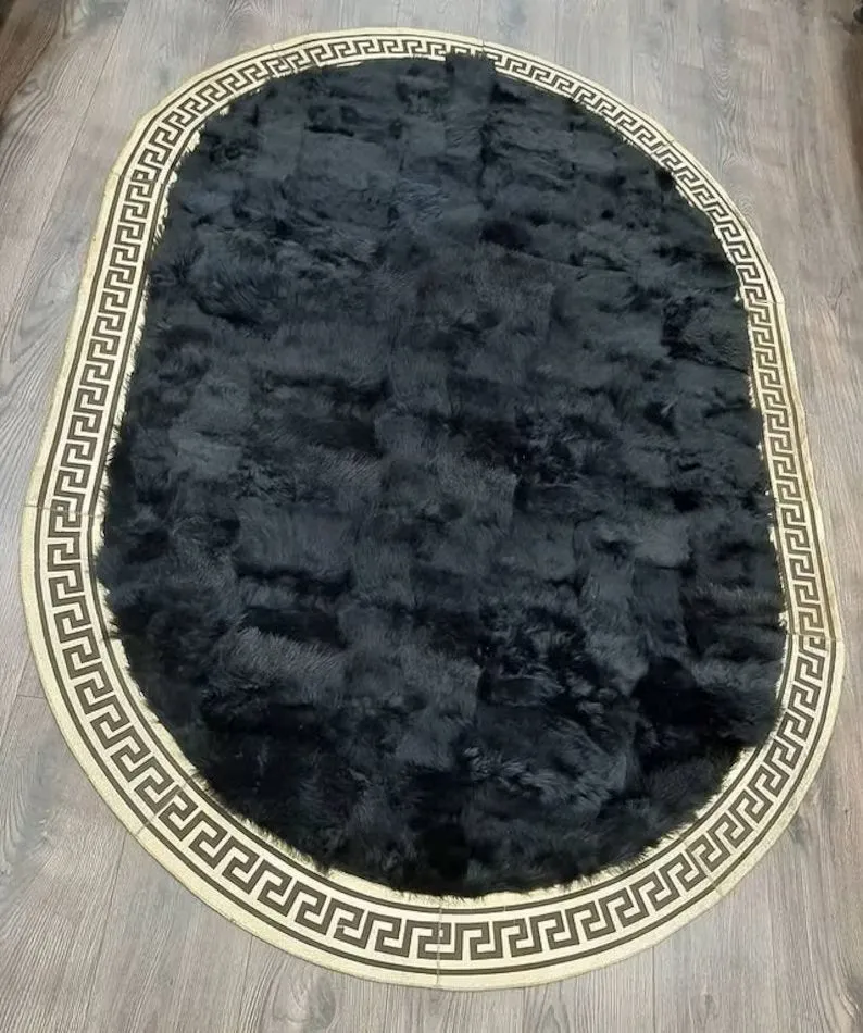 Handmade Soft Fluffy Black Organic Oval Sheepskin Bedroom Rug