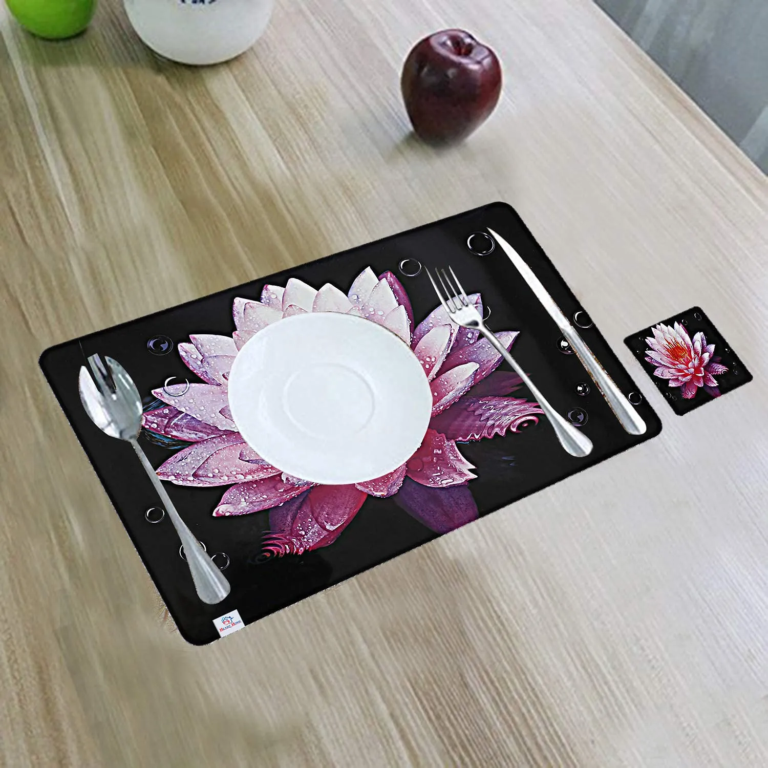 Heart Home Lotus Printed PVC Dining Table Placemats with Tea Coaster Set, Set of 12 (Black)