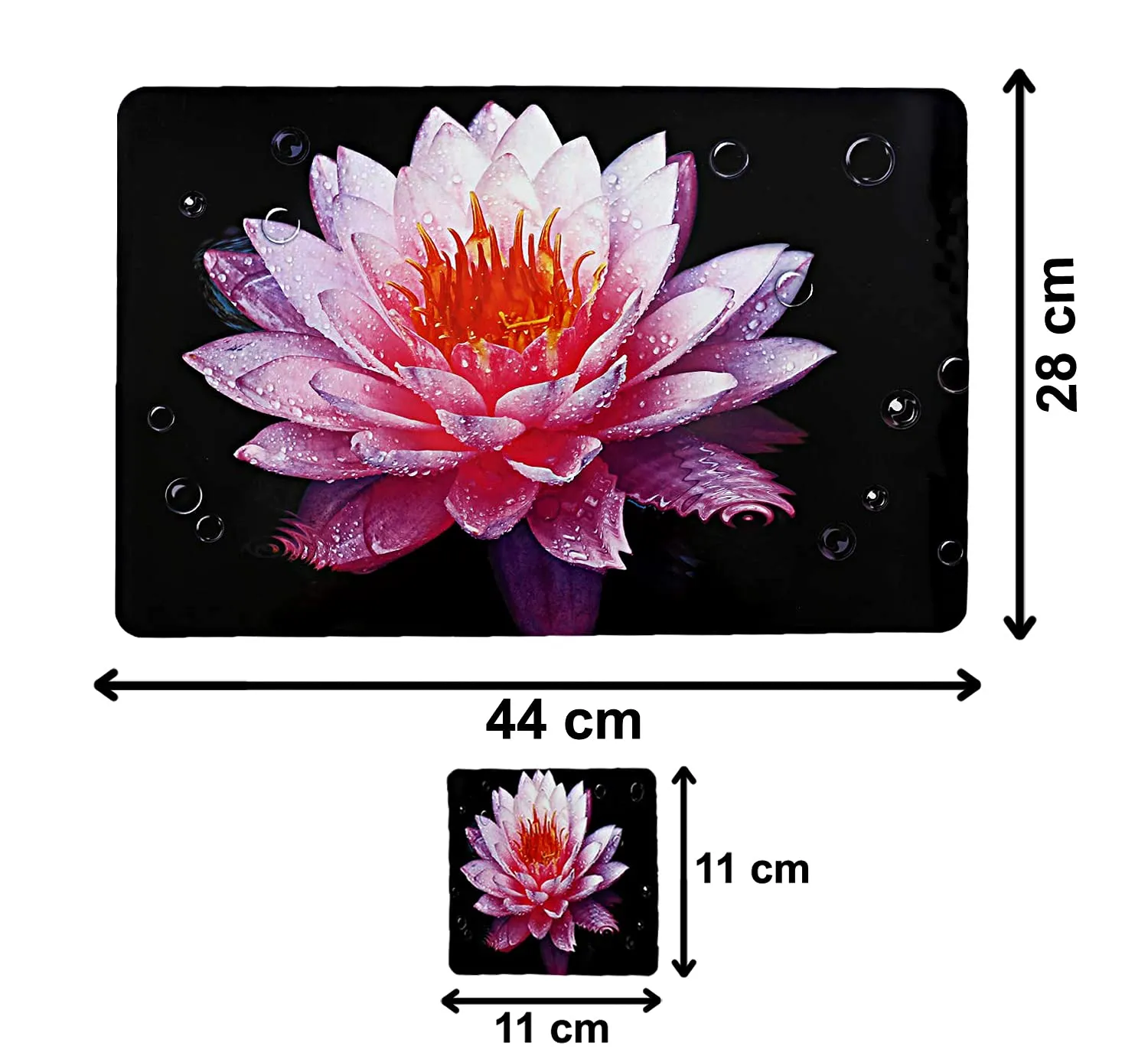 Heart Home Lotus Printed PVC Dining Table Placemats with Tea Coaster Set, Set of 12 (Black)