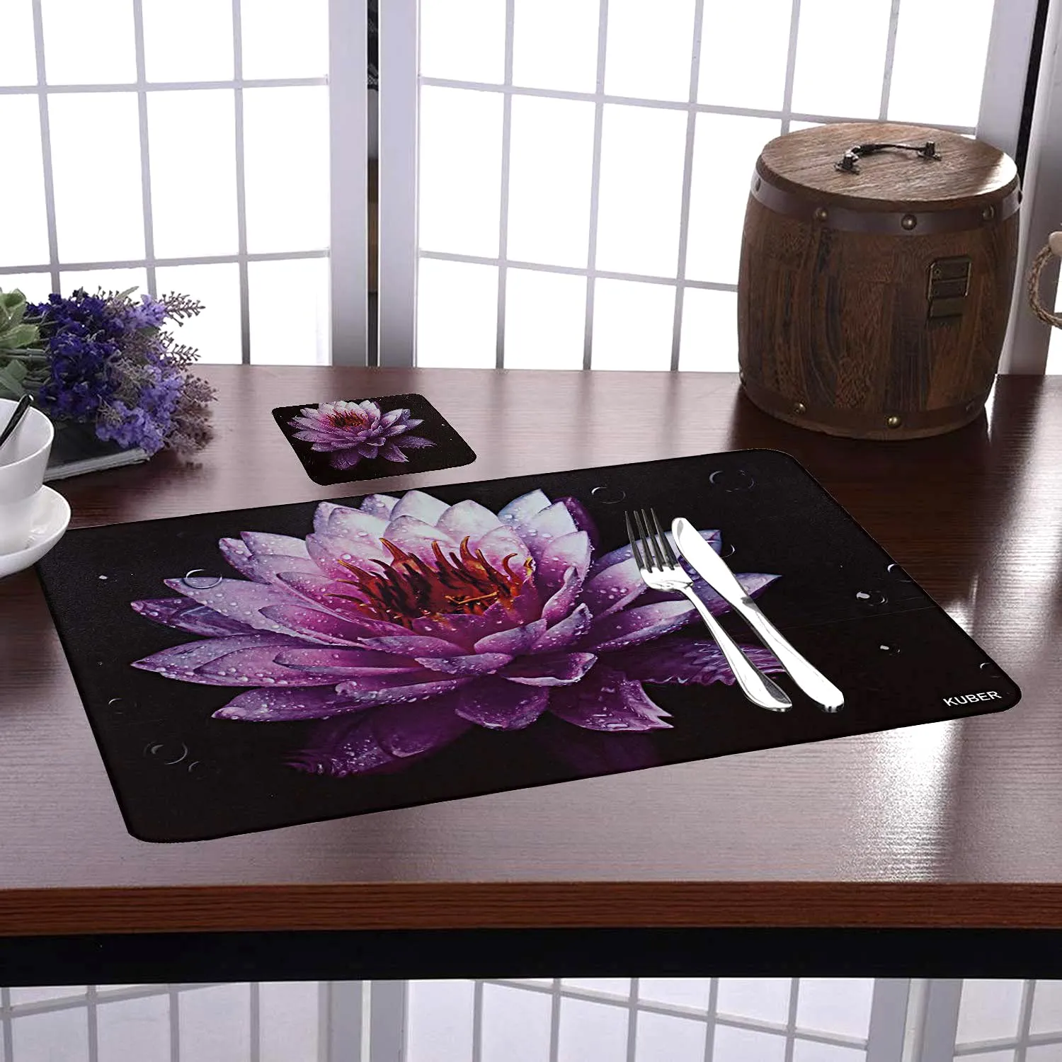 Heart Home Lotus Printed PVC Dining Table Placemats with Tea Coaster Set, Set of 12 (Black)
