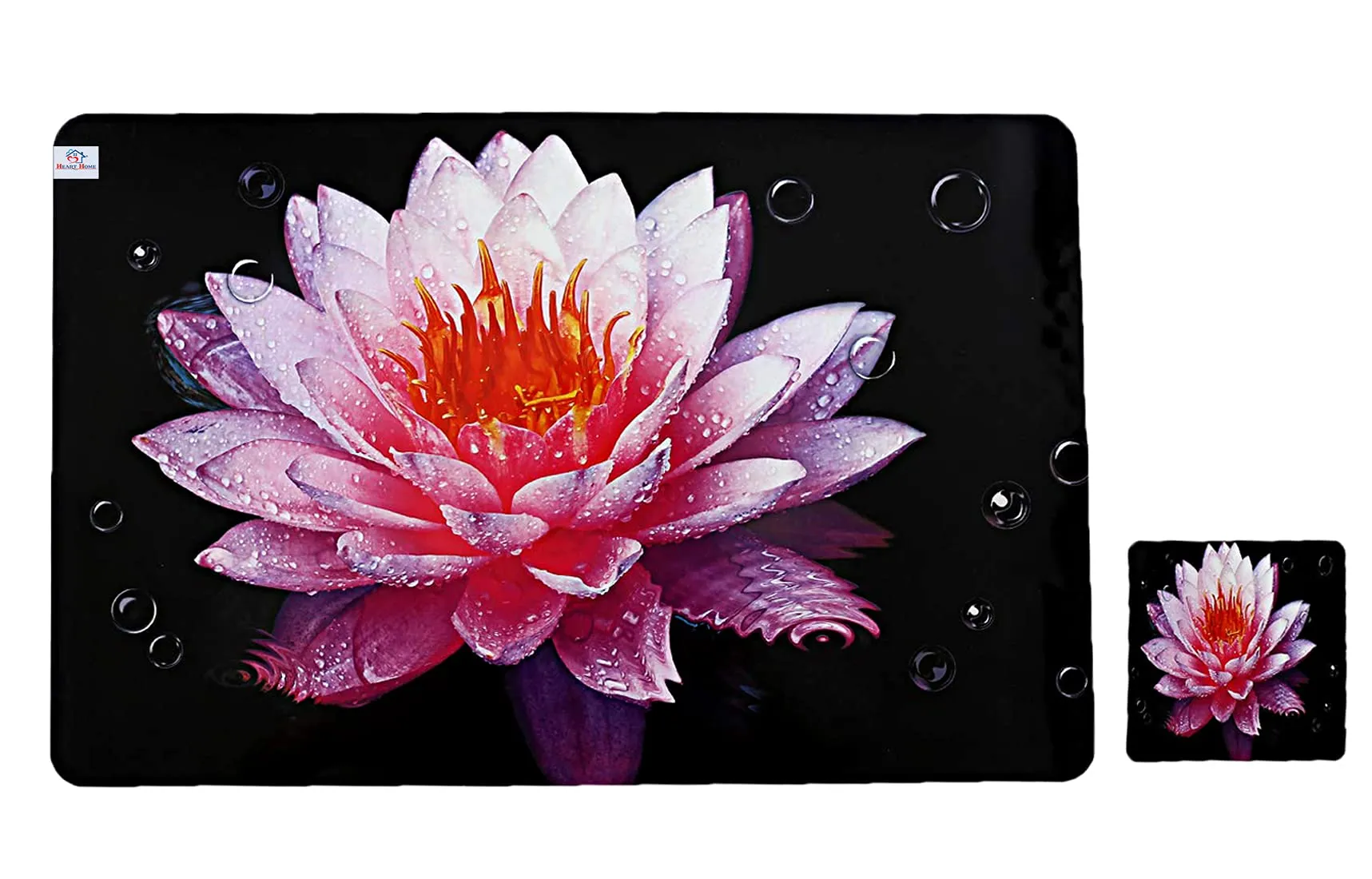Heart Home Lotus Printed PVC Dining Table Placemats with Tea Coaster Set, Set of 12 (Black)