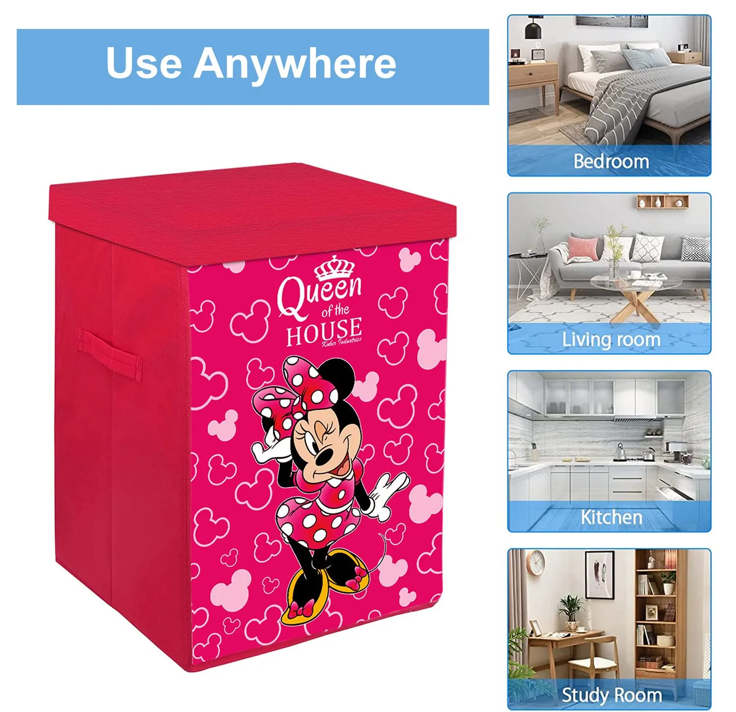 Heart Home Minnie Print Non-Woven Laundry Basket, Clothes Hamper For Laundry Closet, Bedroom, Bathroom With Lid & Handles (Pink) 54HH4089.
