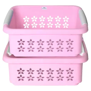Heart Home Multipurpose Rectangle Shape Plastic Storage Basket for Kitchen, Fruit Basket, Office Table, Storage Organizer Large Pack of 2 (Pink)