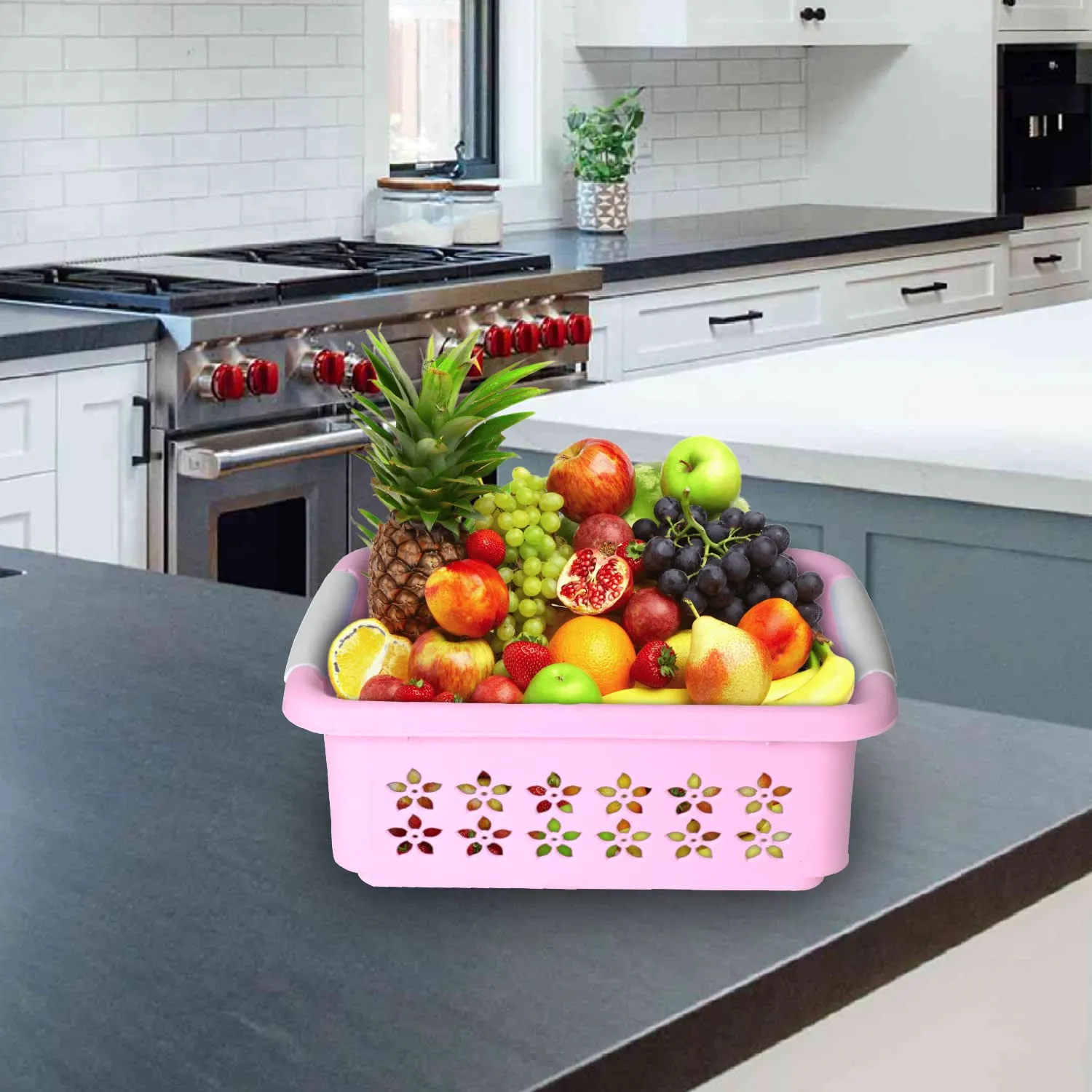 Heart Home Multipurpose Rectangle Shape Plastic Storage Basket for Kitchen, Fruit Basket, Office Table, Storage Organizer Large Pack of 2 (Pink)