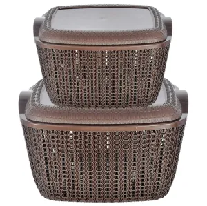 Heart Home Multiuses Large & Small M 30-25 Plastic Basket/Organizer with Lid- Set of 2 (Brown) -46KHH053, Standard
