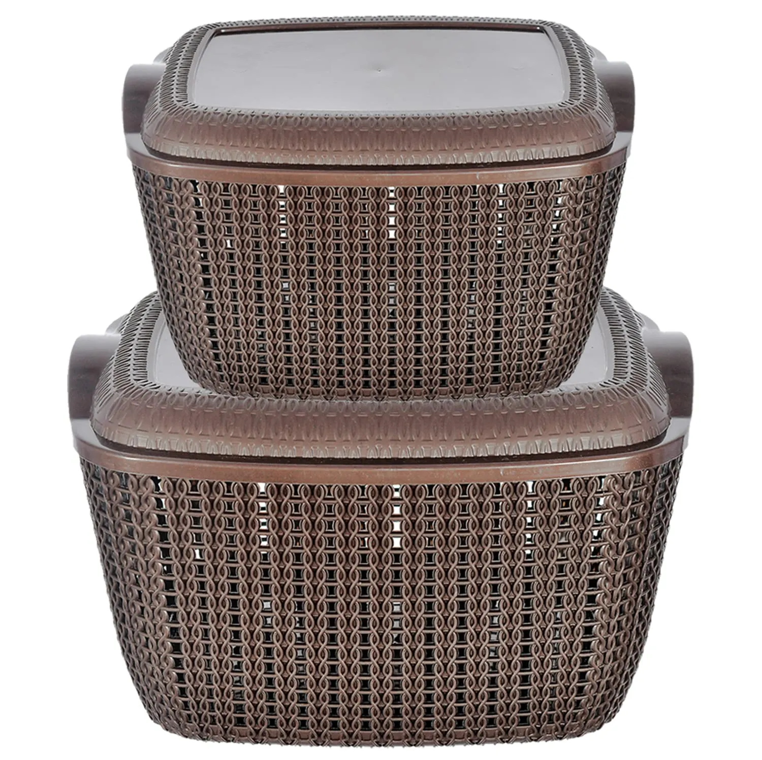 Heart Home Multiuses Large & Small M 30-25 Plastic Basket/Organizer with Lid- Set of 2 (Brown) -46KHH053, Standard