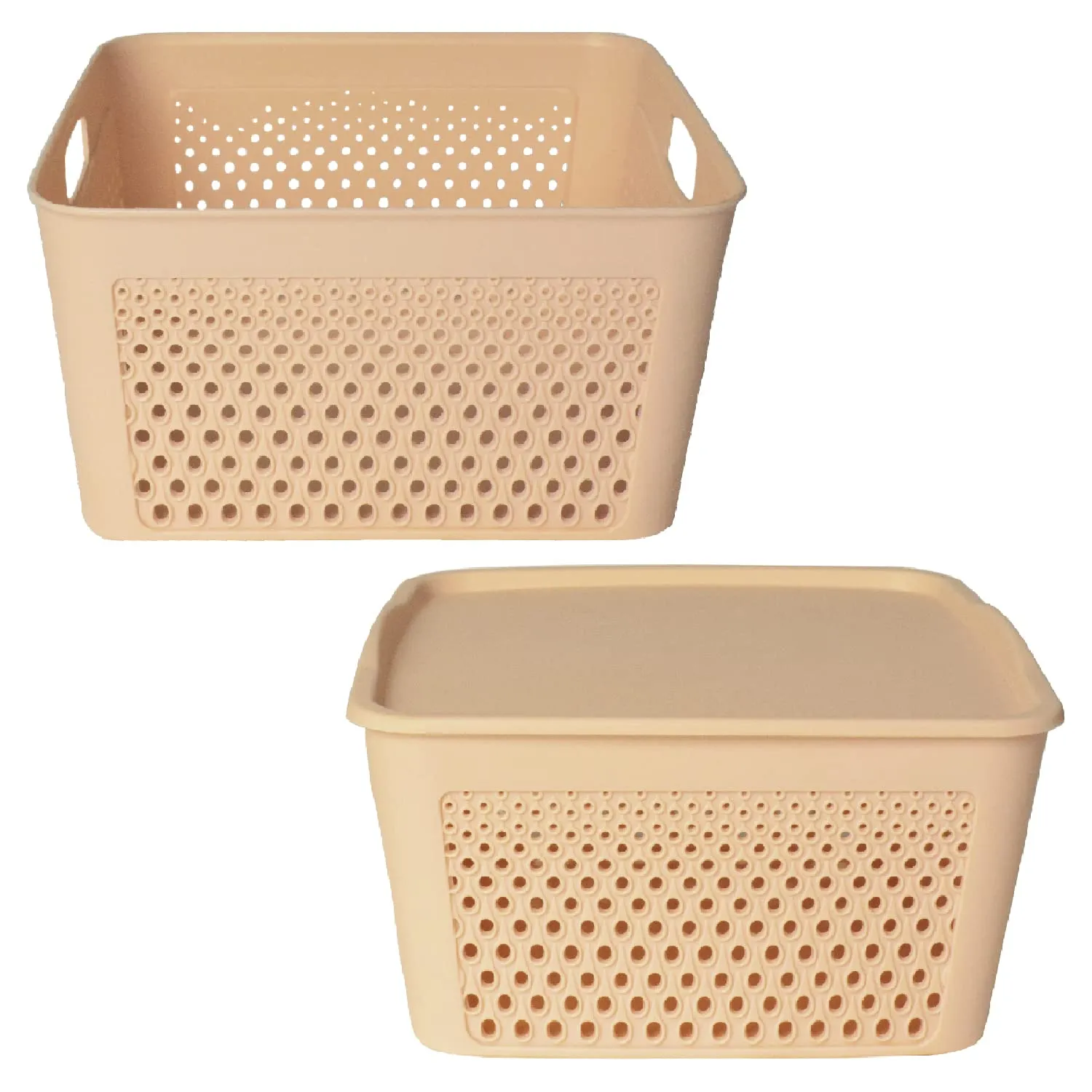 Heart Home Netted Design Unbreakable Multipurpose Square Shape Plastic Storage Baskets with lid Large (Beige)