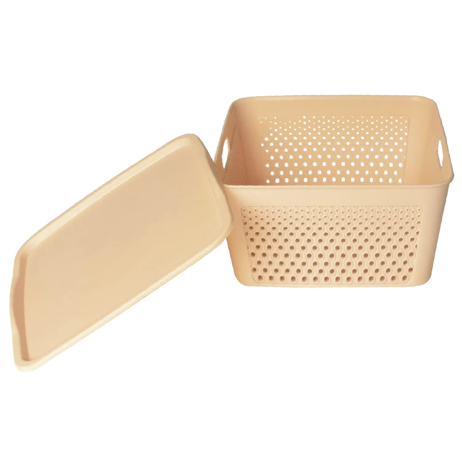 Heart Home Netted Design Unbreakable Multipurpose Square Shape Plastic Storage Baskets with lid Large (Beige)