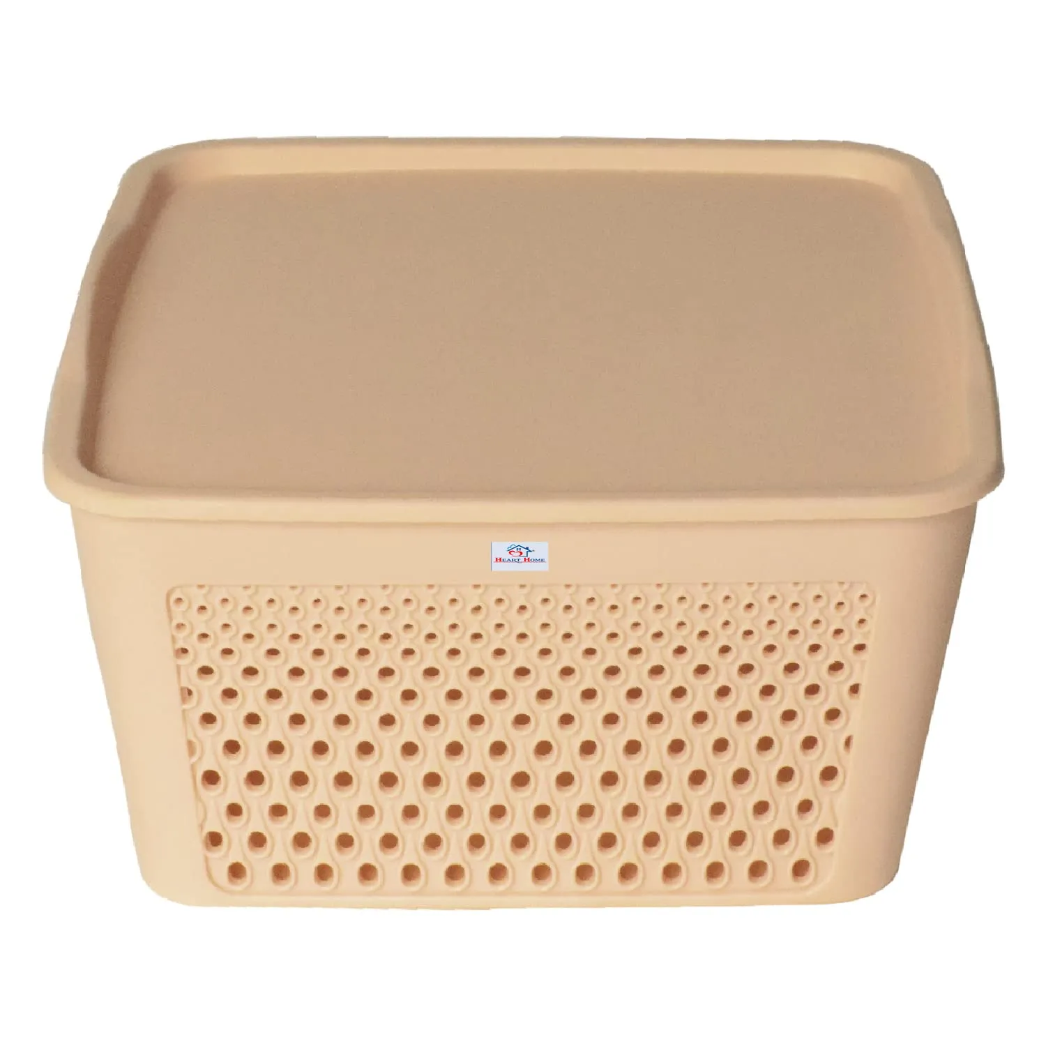 Heart Home Netted Design Unbreakable Multipurpose Square Shape Plastic Storage Baskets with lid Large (Beige)