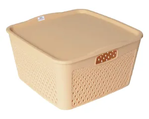 Heart Home Netted Design Unbreakable Multipurpose Square Shape Plastic Storage Baskets with lid Large (Beige)