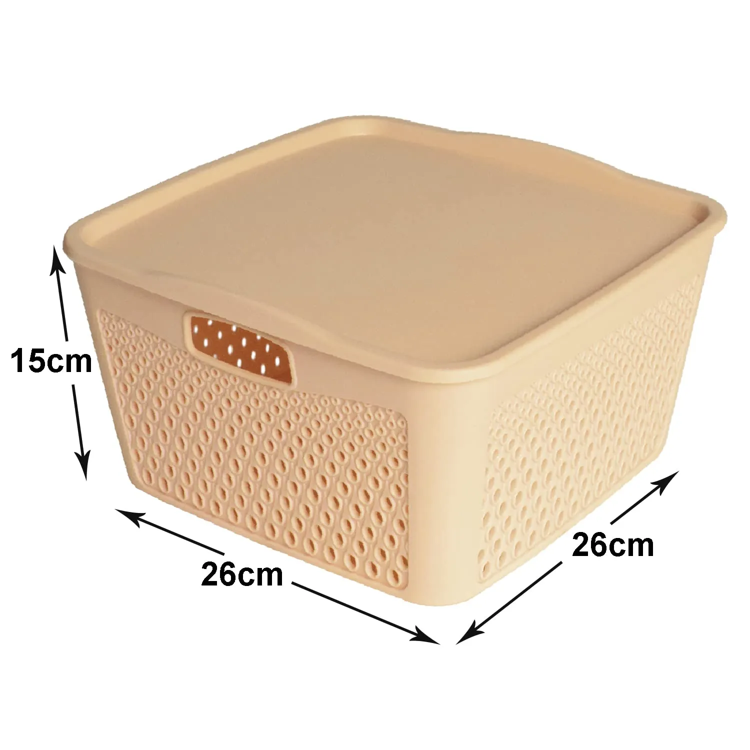 Heart Home Netted Design Unbreakable Multipurpose Square Shape Plastic Storage Baskets with lid Large (Beige)