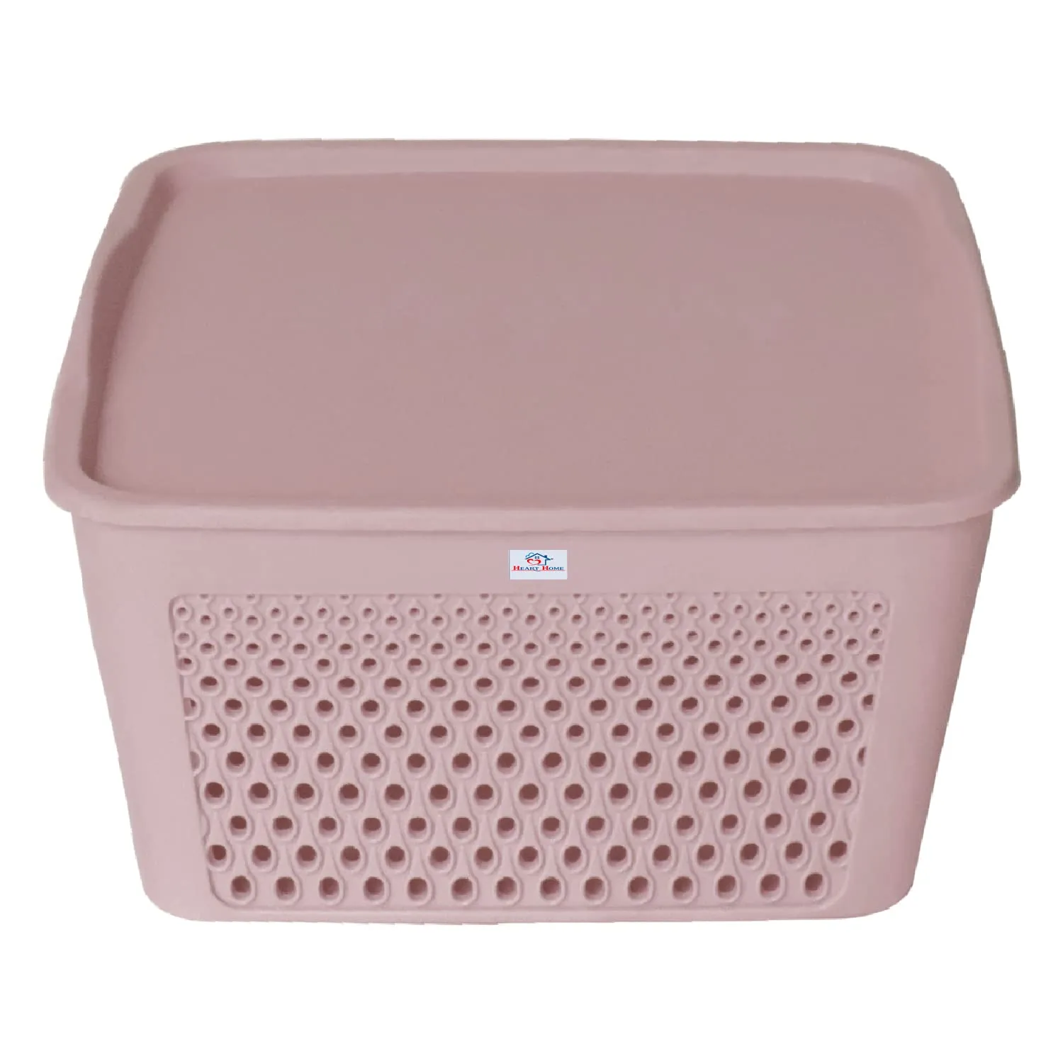 Heart Home Netted Design Unbreakable Multipurpose Square Shape Plastic Storage Baskets with lid Large (Grey)