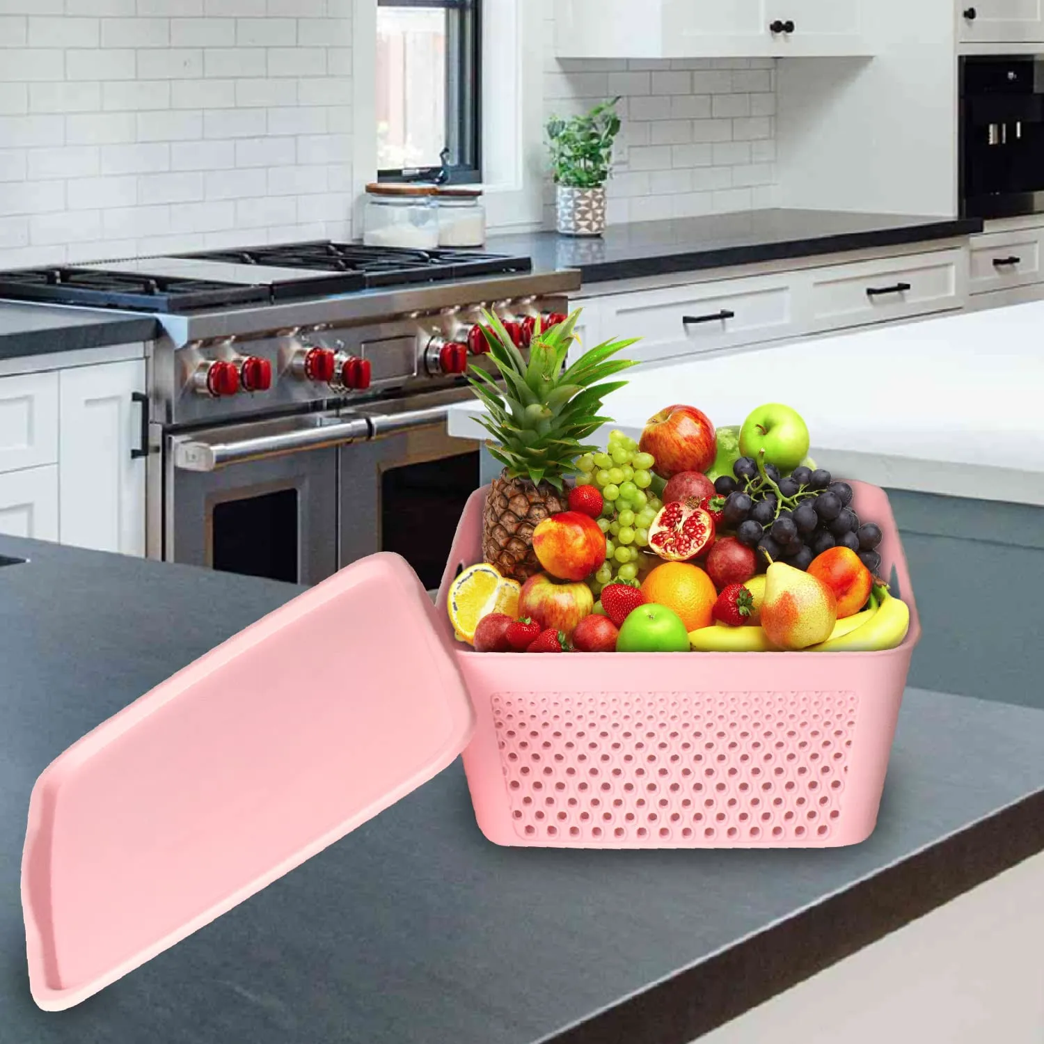 Heart Home Netted Design Unbreakable Multipurpose Square Shape Plastic Storage Baskets with lid Large (Pink)
