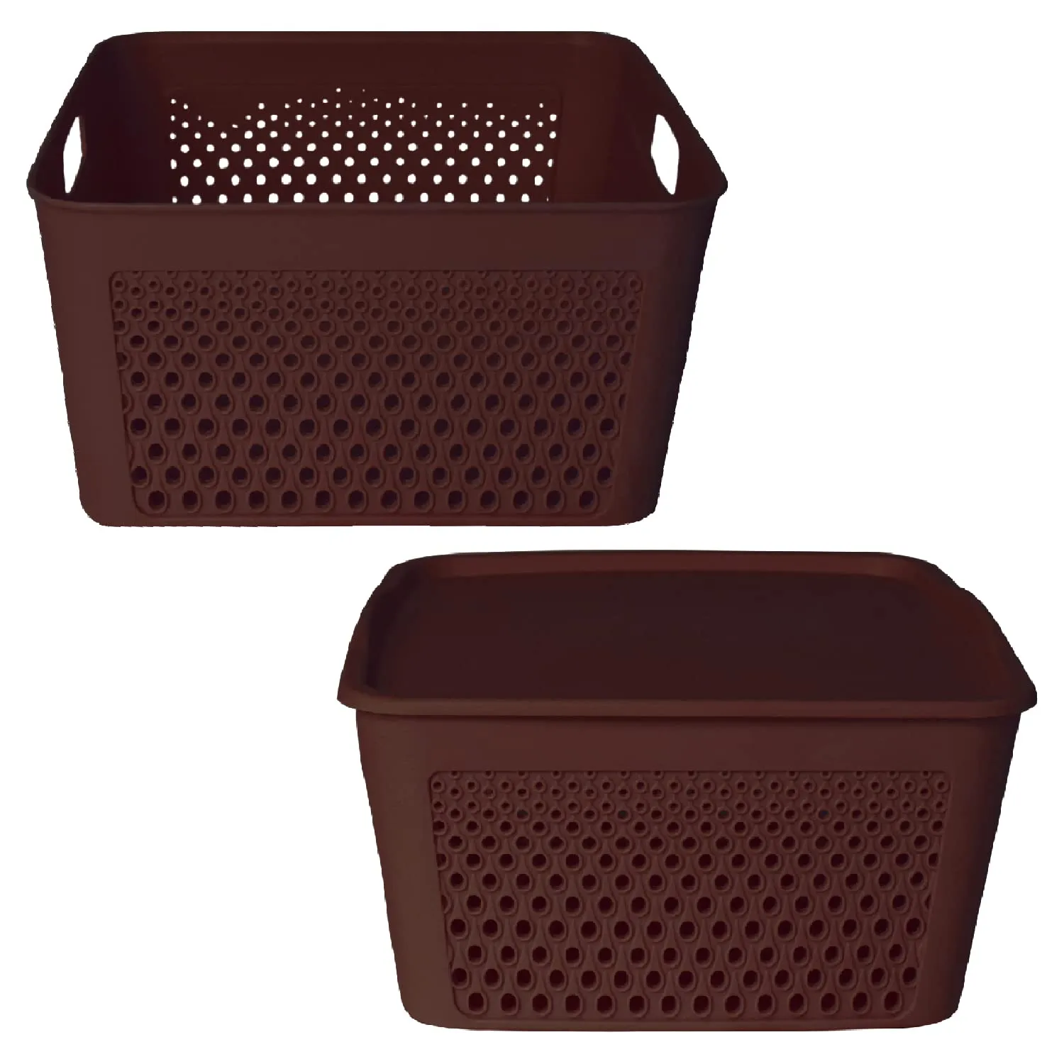 Heart Home Netted Design Unbreakable Multipurpose Square Shape Plastic Storage Baskets with lid Medium Pack of 2 (Brown)