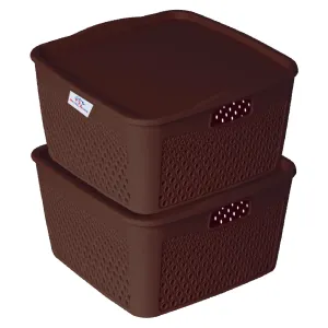 Heart Home Netted Design Unbreakable Multipurpose Square Shape Plastic Storage Baskets with lid Medium Pack of 2 (Brown)
