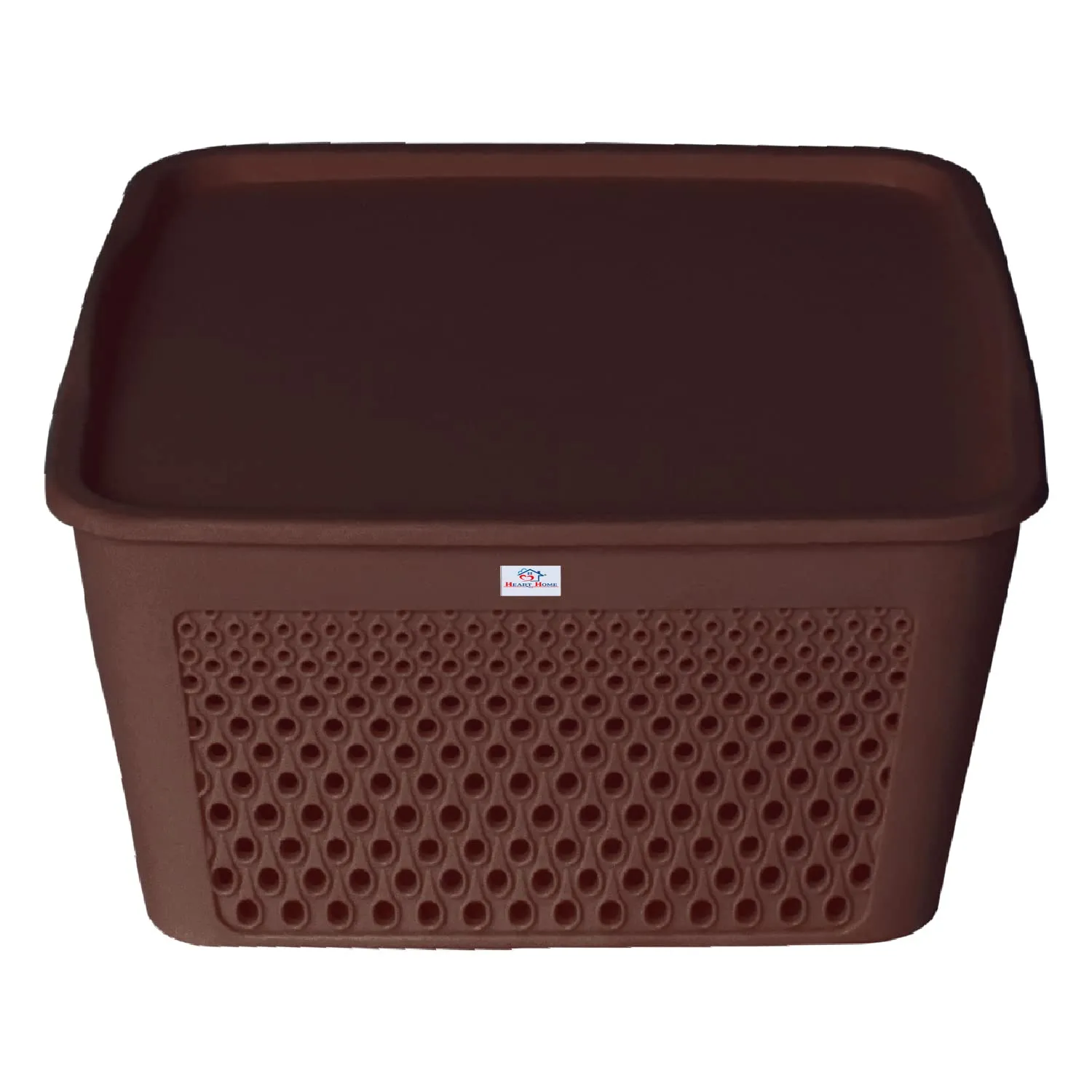 Heart Home Netted Design Unbreakable Multipurpose Square Shape Plastic Storage Baskets with lid Medium Pack of 2 (Brown)