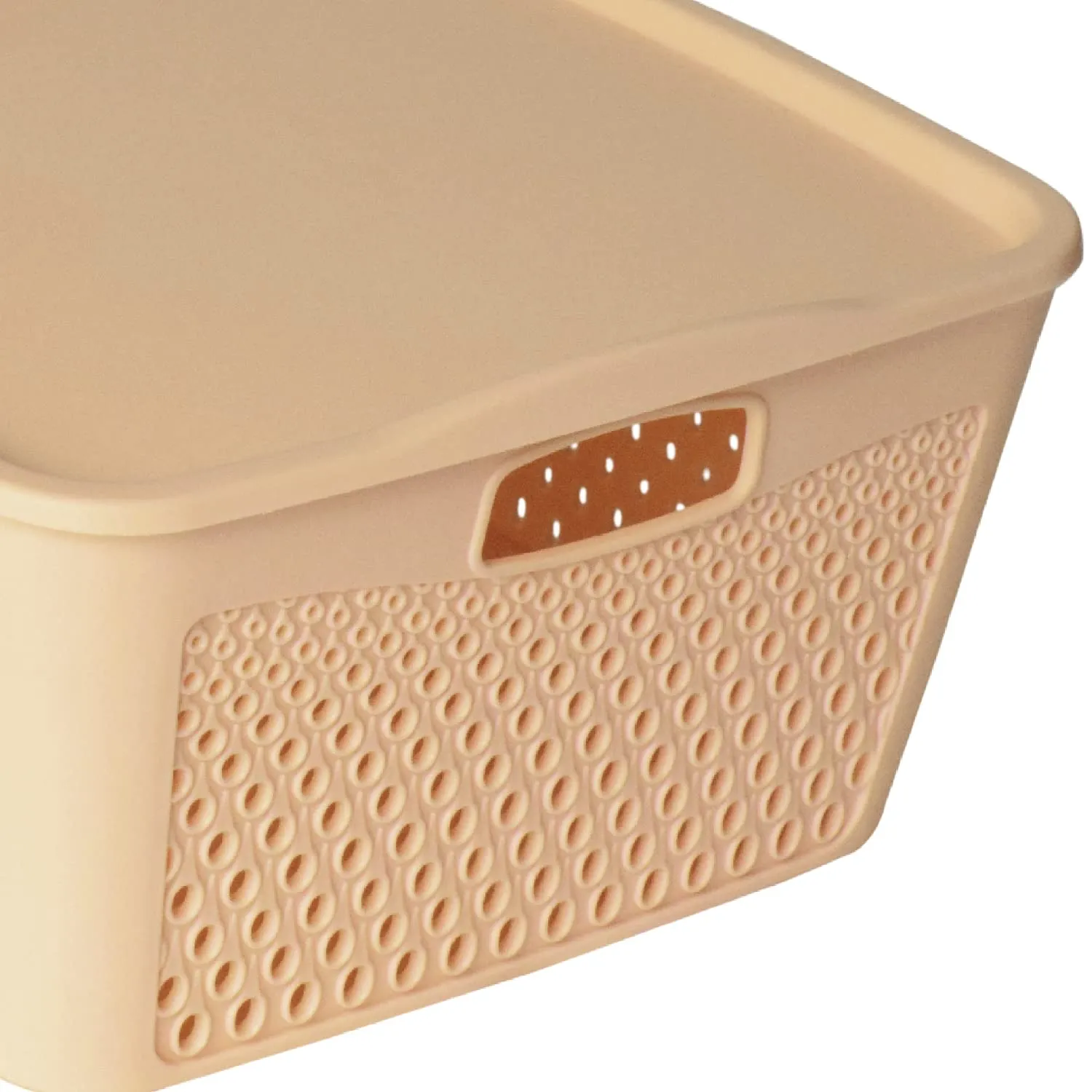 Heart Home Netted Design Unbreakable Multipurpose Square Shape Plastic Storage Baskets with lid Small Pack of 2 (Beige)