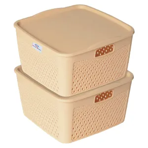 Heart Home Netted Design Unbreakable Multipurpose Square Shape Plastic Storage Baskets with lid Small Pack of 2 (Beige)