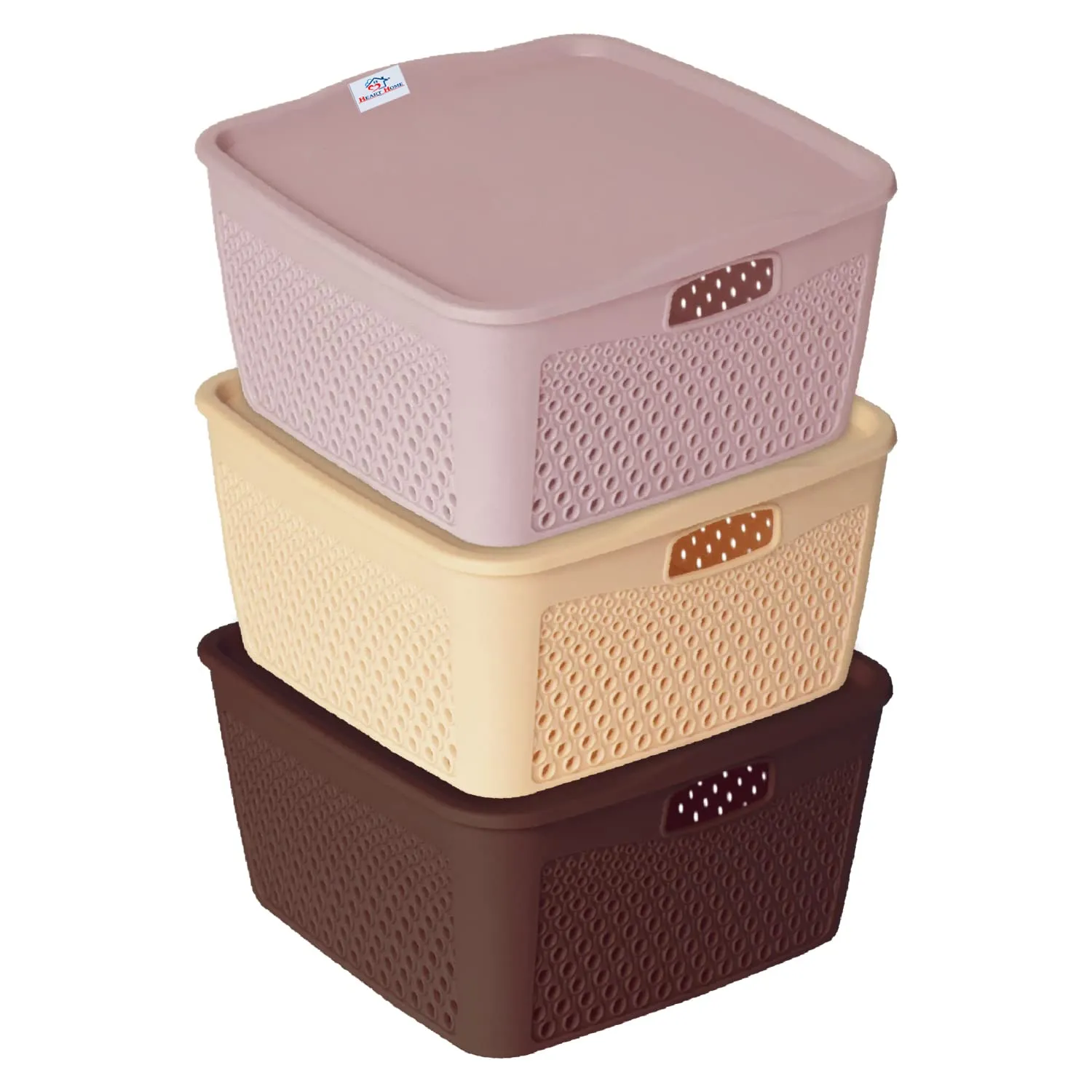 Heart Home Netted Design Unbreakable Multipurpose Square Shape Plastic Storage Baskets with lid Small Pack of 3 (Brown, Beige, Grey)