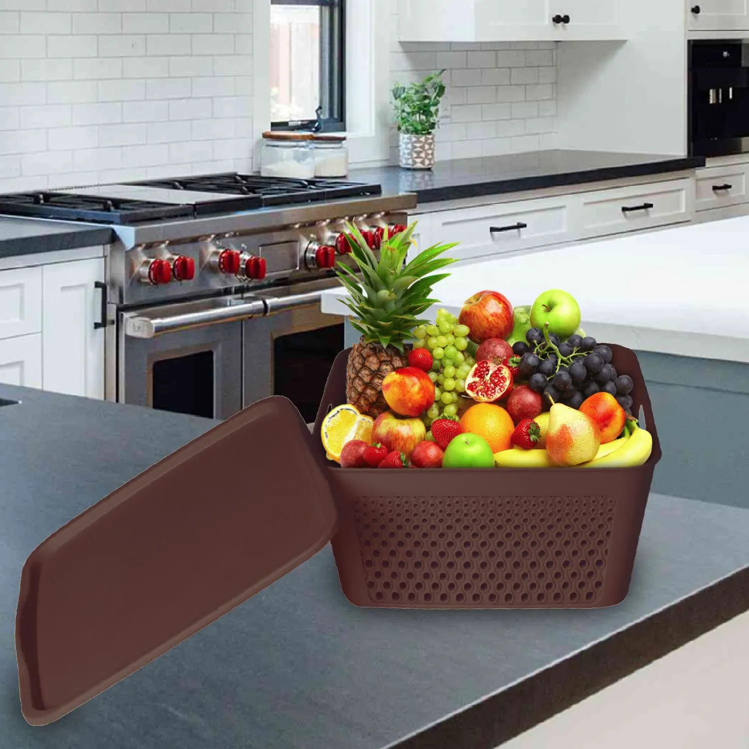 Heart Home Netted Design Unbreakable Multipurpose Square Shape Plastic Storage Baskets with lid Small Pack of 3 (Brown, Beige, Grey)