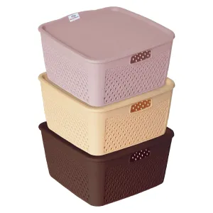 Heart Home Netted Design Unbreakable Multipurpose Square Shape Plastic Storage Baskets with lid Small Pack of 3 (Brown, Beige, Grey)