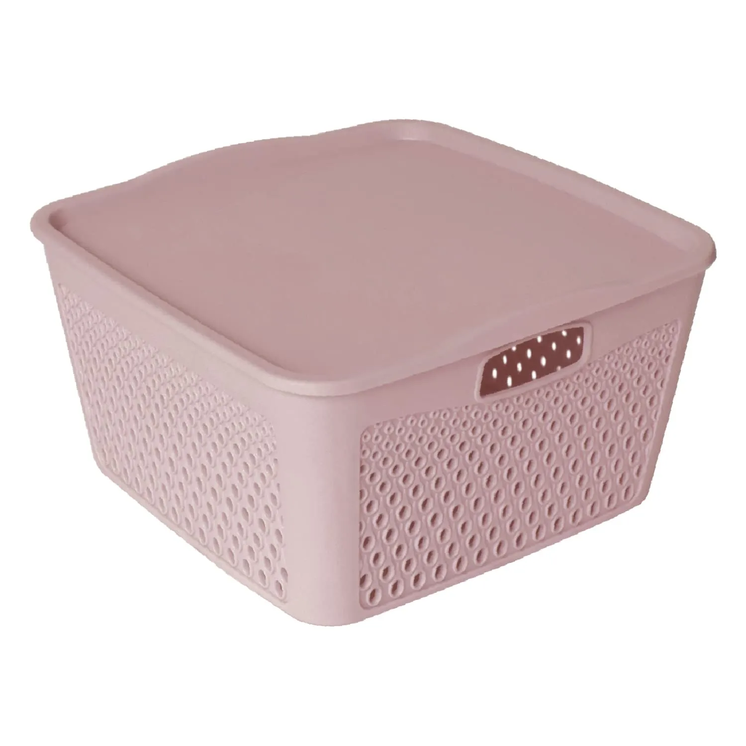 Heart Home Netted Design Unbreakable Multipurpose Square Shape Plastic Storage Baskets with lid Small Pack of 3 (Brown, Beige, Grey)