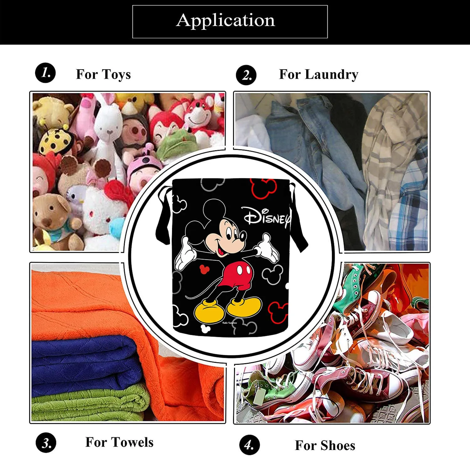 Heart Home Polyester Mickey Mouse Print Waterproof & Foldable Laundry Basket, 45 Ltr.(Black)