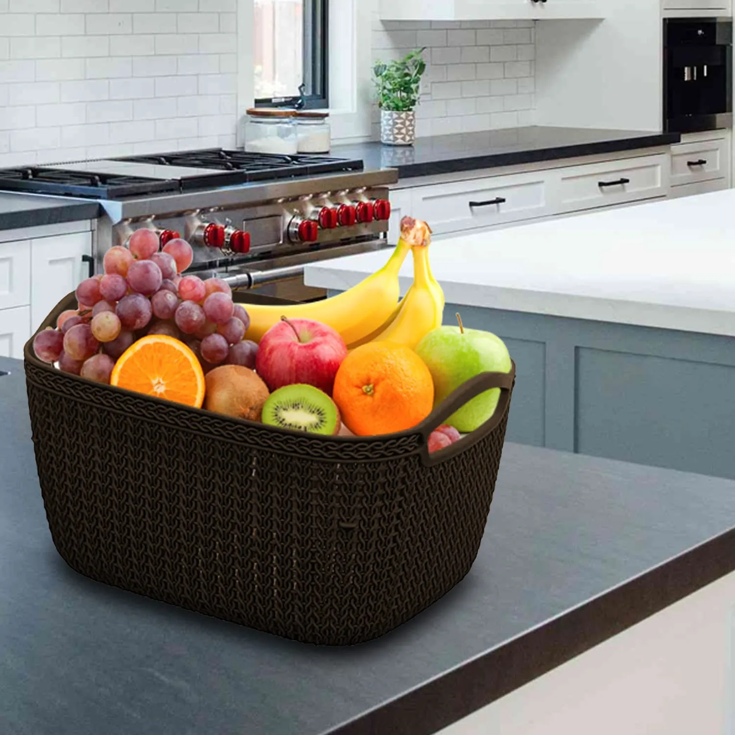 Heart Home Q-5 Designer Plastic Storage Basket For Store Fruits, Vegetables, Magazines, Cosmetics, Stationary (Brown)-50HH01630