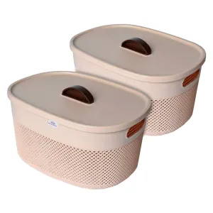 Heart Home Unbreakable Large Multipurpose Storage Baskets with lid|Design-Netted|Material-Plastic|Shape-Oval|Color-Beige|Pack of 2