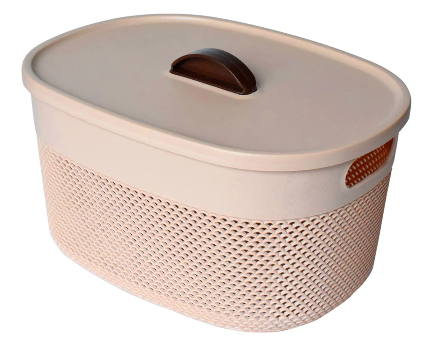 Heart Home Unbreakable Large Multipurpose Storage Baskets with lid|Design-Netted|Material-Plastic|Shape-Oval|Color-Beige|Pack of 2