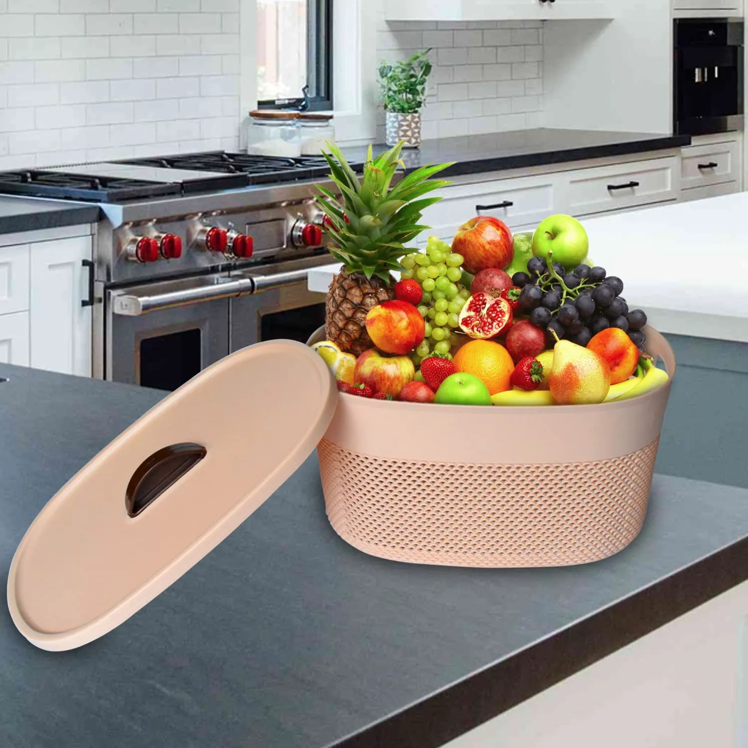 Heart Home Unbreakable Large Multipurpose Storage Baskets with lid|Design-Netted|Material-Plastic|Shape-Oval|Color-Beige|Pack of 2