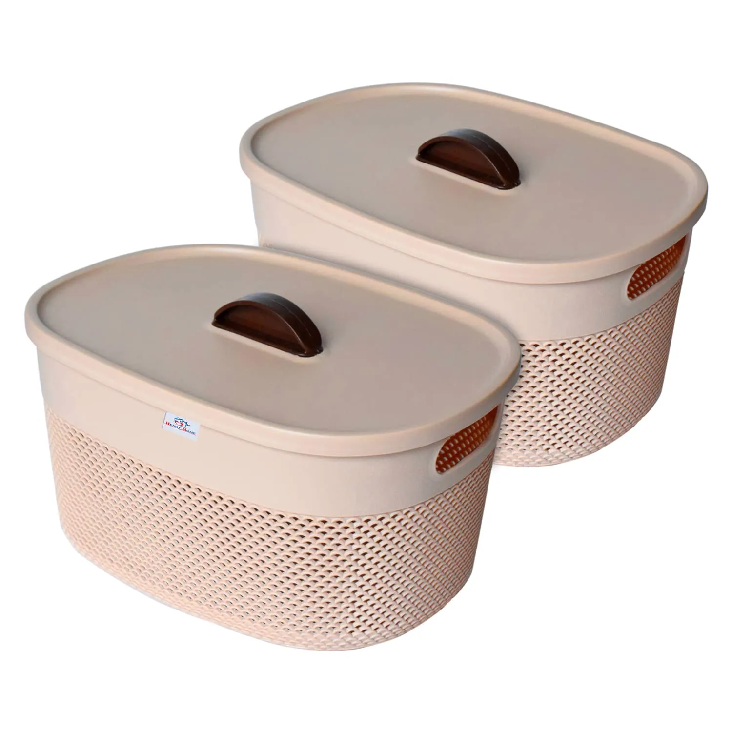 Heart Home Unbreakable Large Multipurpose Storage Baskets with lid|Design-Netted|Material-Plastic|Shape-Oval|Color-Beige|Pack of 2