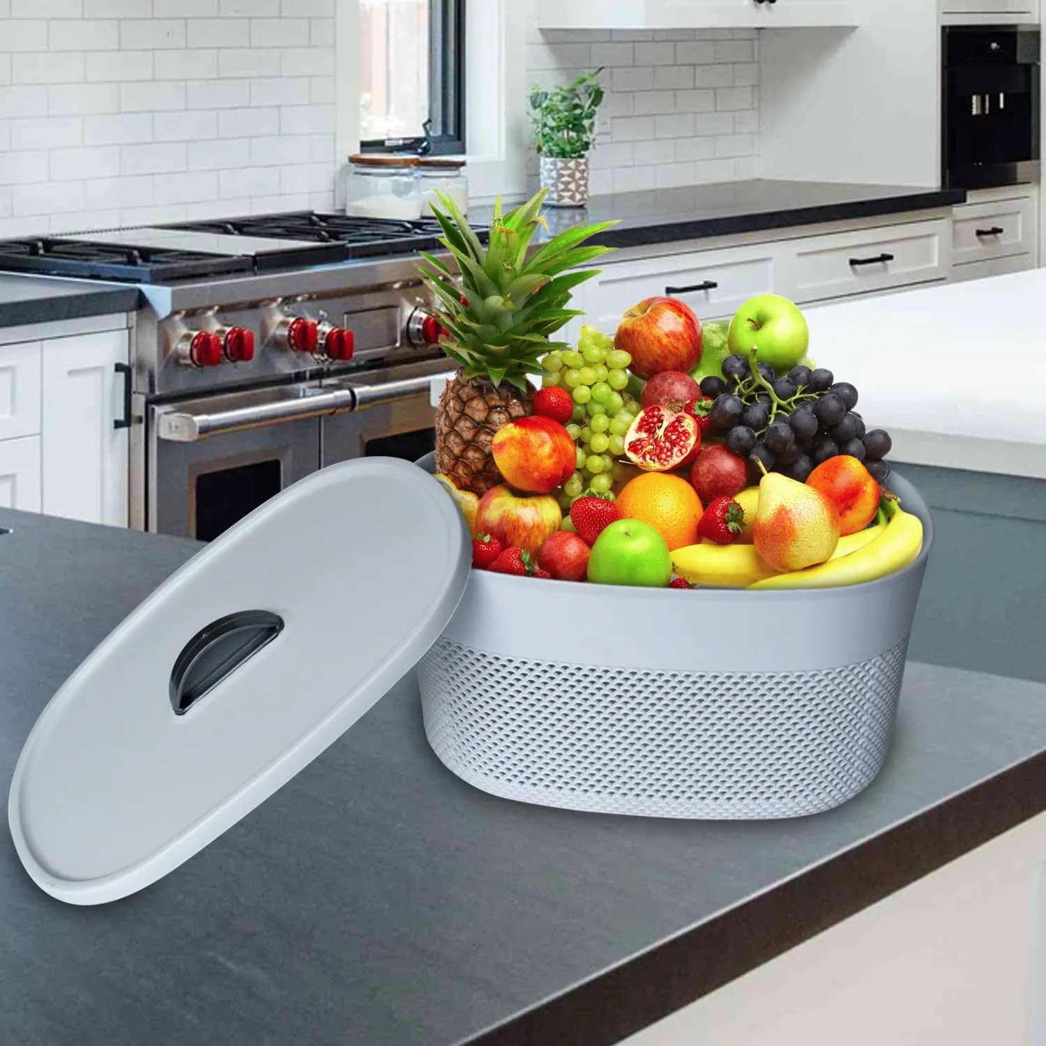 Heart Home Unbreakable Small Multipurpose Storage Baskets with lid|Design-Netted|Material-Plastic|Shape-Oval|Color-Grey|Pack of 2