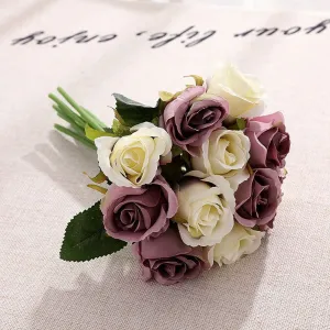 HomeXO Artificial Rose Flowers | Faux Silk Rose Flower for Vases Height 10.6", Blue and White Color,12 pcs Leaves and Stems Real Looking Roses Fake Rose DIY Bouquets (Purple,White)