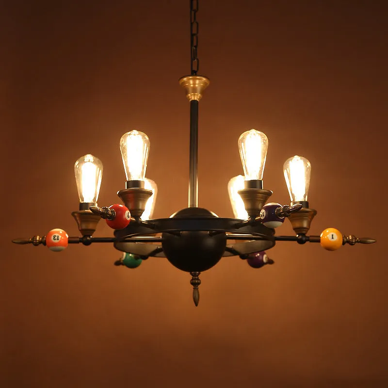 Industrial Metal Chandelier Lighting - Exposed Bulb 4/6 Light Pendant in Black with Wheel Shelf