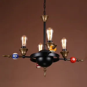 Industrial Metal Chandelier Lighting - Exposed Bulb 4/6 Light Pendant in Black with Wheel Shelf