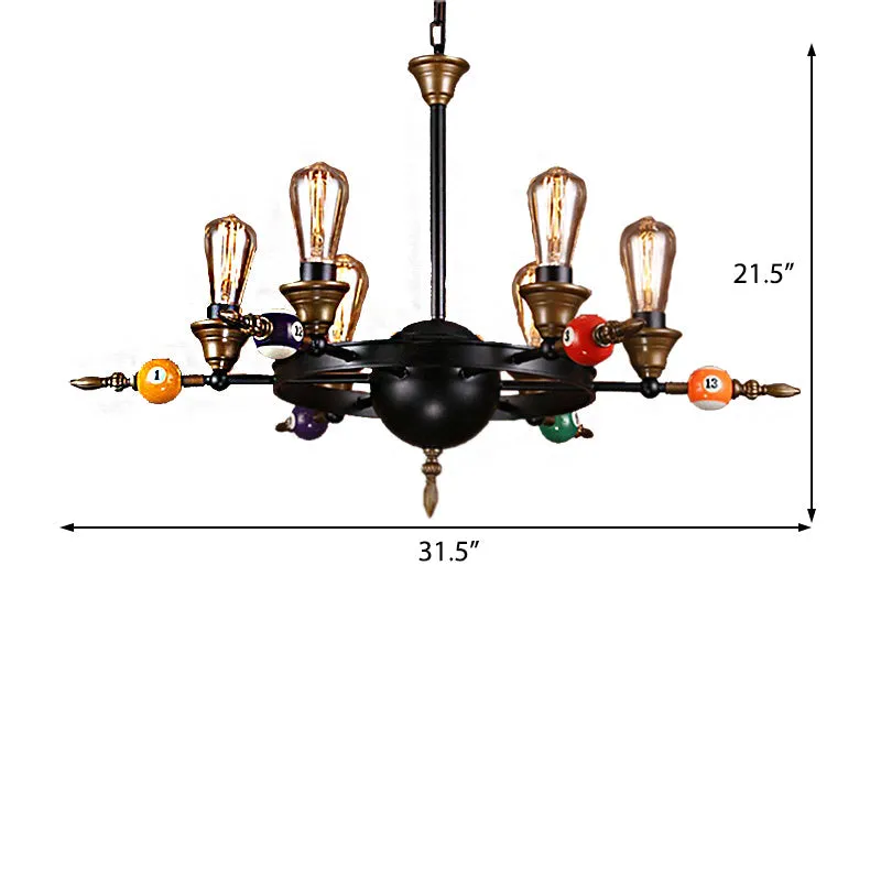 Industrial Metal Chandelier Lighting - Exposed Bulb 4/6 Light Pendant in Black with Wheel Shelf