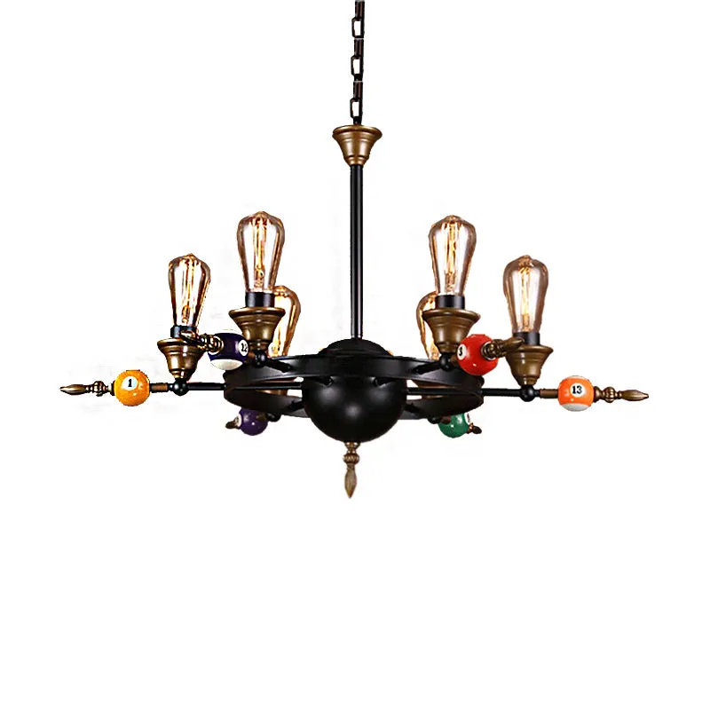 Industrial Metal Chandelier Lighting - Exposed Bulb 4/6 Light Pendant in Black with Wheel Shelf