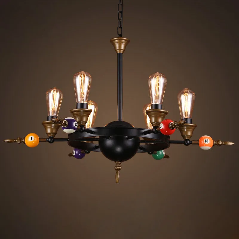Industrial Metal Chandelier Lighting - Exposed Bulb 4/6 Light Pendant in Black with Wheel Shelf