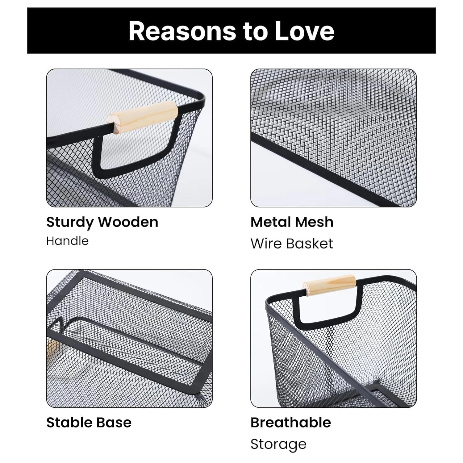 Kuber Industries Metal Mesh Basket for Storage with Wooden Handle | 280 gm | Fruit Basket & Vegetable Basket for Kitchen | Kitchen Organizer | Baskets for organizing Home | Black | Multipurpose