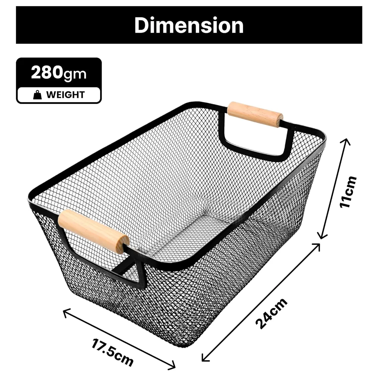 Kuber Industries Metal Mesh Basket for Storage with Wooden Handle | 280 gm | Fruit Basket & Vegetable Basket for Kitchen | Kitchen Organizer | Baskets for organizing Home | Black | Multipurpose